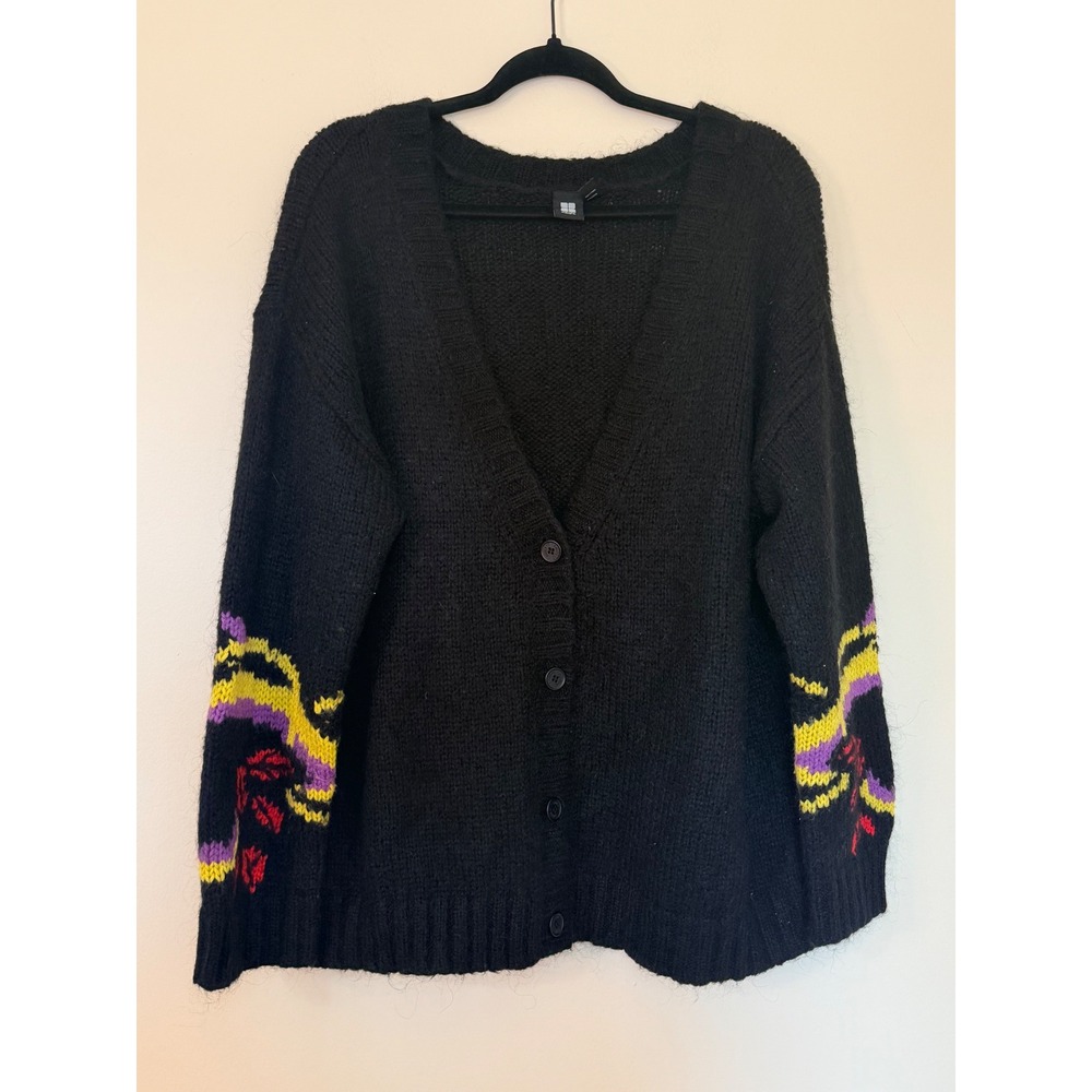 Insight Womens Black Oversized Graphic Sleeve Knit V-Neck Cardigan Sweater Sz 4